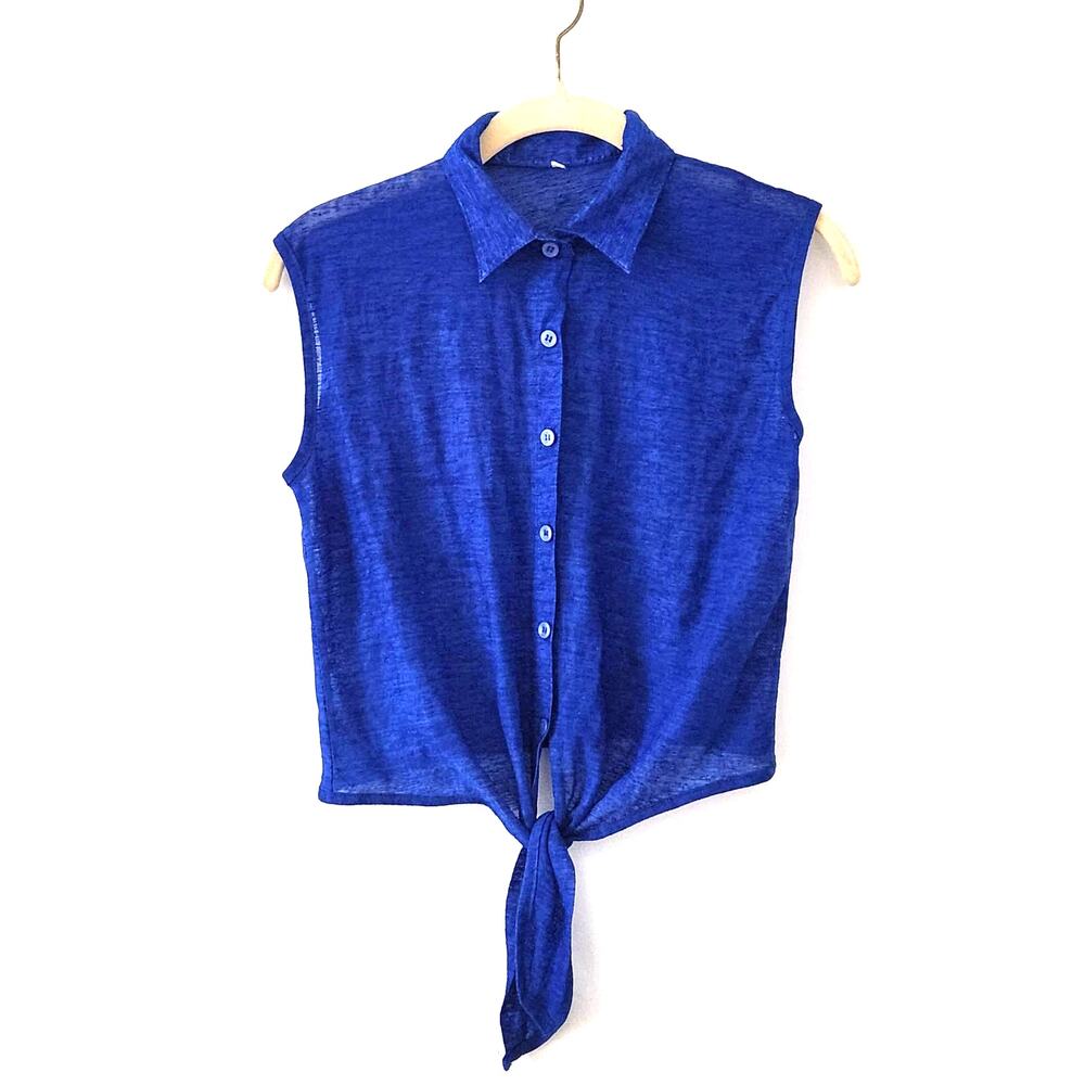 Vintage Royal Blue Sleeveless Button-Up Tie-Front Crop Top